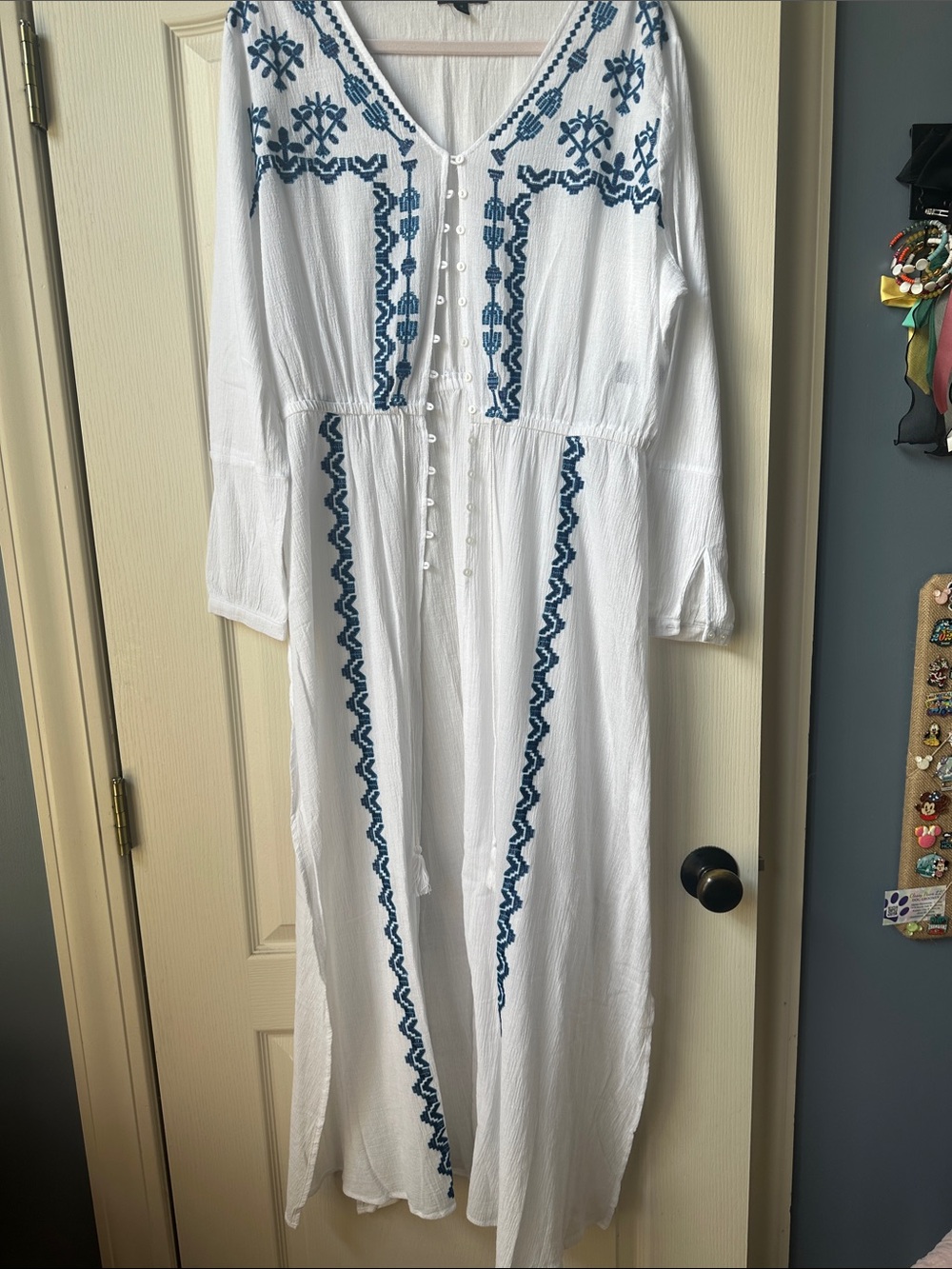 Lane Bryant White Maxi Dress/Duster with Blue Embroidered Trim